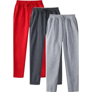 Detail showing three colors of men's casual joggers in red, dark gray and light gray