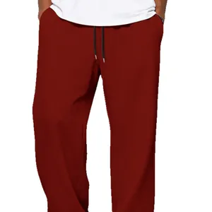 Men's burgundy waffle knit drawstring pants, comfortable loose fit casual sports trousers