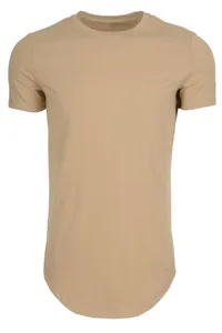 Close-up detail of men's khaki cotton short sleeve T-shirt featuring a unique curved hem