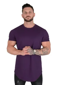 Muscle fit men's purple crew neck t-shirt with a curved hem for casual athletic style