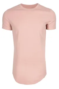 Professional view of a light pink men's cotton short sleeve T-shirt with curved hem