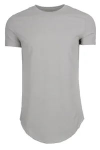 Close-up of a light grey men's T-shirt featuring a stylish curved hemline detail.