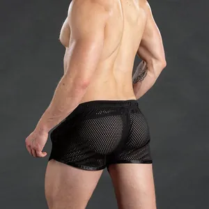 Detailed back view of men's black mesh breathable quick-dry fitness sports shorts