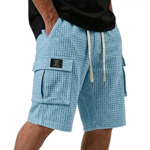 Men's casual light blue waffle-knit cargo shorts with elastic drawstring waist and pockets
