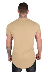 Back view of men's khaki short sleeve T-shirt with curved hem and slim fit design