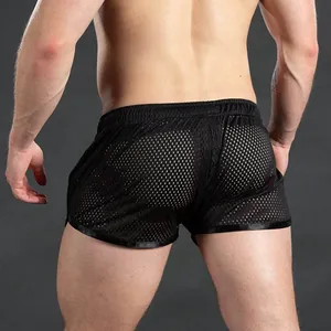 Detailed back view of men's black mesh breathable quick-dry athletic shorts for gym fitness