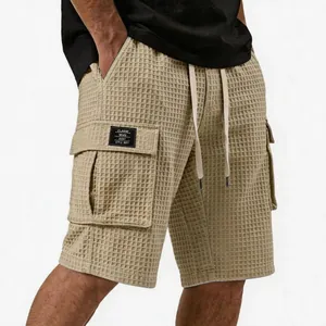 Men's casual khaki waffle knit cargo shorts featuring a drawstring waist and large side pockets