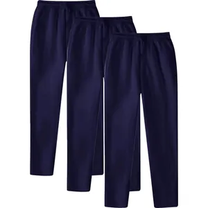 Three-pack of men's navy blue fleece-lined straight leg sweatpants with drawstring waist.