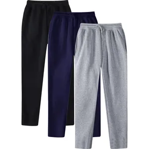Three pairs of men's fleece-lined straight sweatpants in black, navy, and gray.