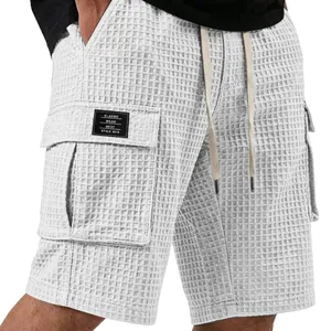 Men's casual grey waffle knit cargo shorts with drawstring waist and side pockets