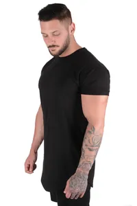 Side view of men's athletic fit black cotton t-shirt with curved hem