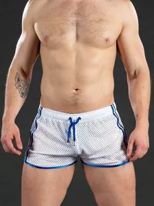 Breathable white mesh sports shorts for men with blue stripes and drawstring for fitness