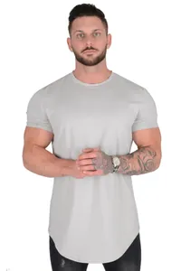Detailed shot of a men's light gray crew neck cotton athletic t-shirt with curved hem