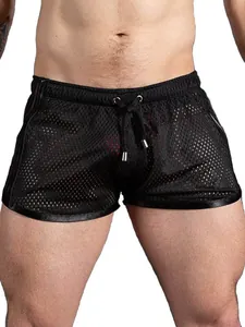 Men's breathable black mesh quick-dry fitness shorts with adjustable drawstring waist