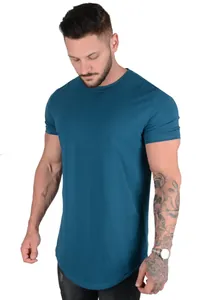 Detail shot of men's teal short-sleeve athletic cotton t-shirt showing fit and fabric