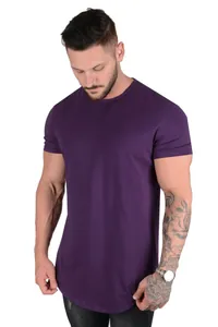 Detail view of casual men's purple cotton T-shirt with round neck and short sleeves