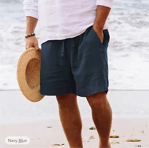 Pantaloncini da spiaggia in cotone e lino blu navy da uomo con coulisse e vestibilità comoda