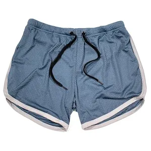 Blauwe mesh sportshorts voor heren sneldrogend ademend fitnessbroekje met witte bies