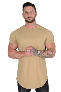 Detailed front view of men's athletic khaki cotton short sleeve T-shirt with a slim fit