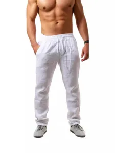 Pantalon Décontracté en Lin pour Hommes Respirant Été Ample Hip Hop Jambe Droite Cordon de Serrage Taille Élastique Couleur Unie Homme Bas