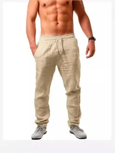 Pantalon décontracté homme en coton et lin respirant beige avec cordon de serrage