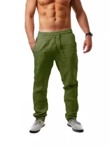 Pantalon décontracté pour homme en coton et lin vert olive avec cordon de serrage