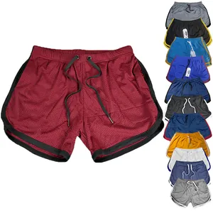 Heren Sneldrogende Mesh Sportshorts Ademende Fitness Training Hardloop Strandshort Met Contrastbies Elastische Taille Trekkoord