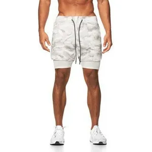 Professional men's 2-in-1 quick-dry athletic running shorts featuring a camouflage pattern