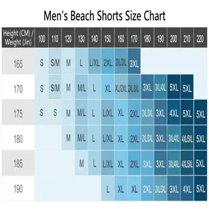 Comprehensive size guide for men's sports beach shorts with height and weight metrics