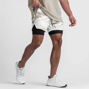 Detail shot of men's breathable 2-in-1 camo sports shorts for running and outdoor fitness training
