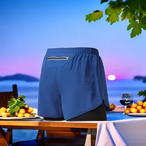 Ανδρικό μπλε αθλητικό σορτς διπλής στρώσης με τσέπη με φερμουάρ για τρέξιμο και γυμναστήριο