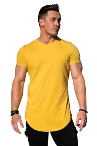 Yellow cotton sports t-shirt for men featuring a stylish curved hem and slim fit