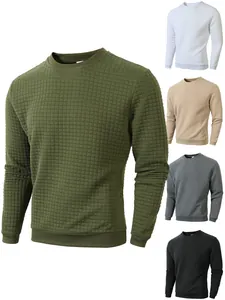 Detail view of men's slim crew neck long sleeve sweatshirt featuring a unique square grid pattern