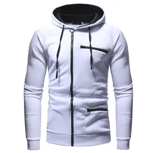 Detailansicht eines weißen Herren-Fleece-Hoodies mit schwarzen Reißverschluss-Akzenten