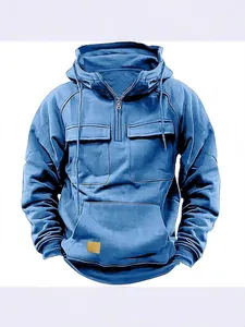 Felpa Uomo Workwear in Pile Pesante Con Mezza Zip Giacca Tinta Unita Vestibilità Comoda Casual Con Tasche Autunno Inverno Top
