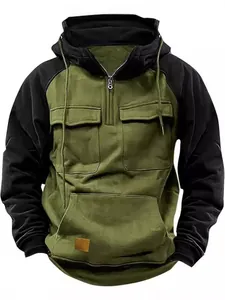 Detail of men's olive green and black half-zip hoodie with multi-pockets