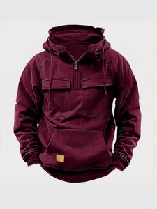 Felpa tattica da uomo bordeaux con mezza zip e tasche multiple in stile workwear