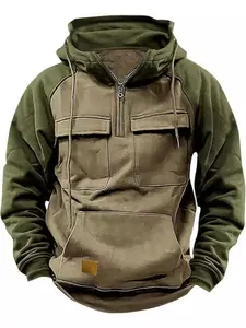 Detail view of olive green utility hoodie featuring half-zip and multiple cargo pockets.