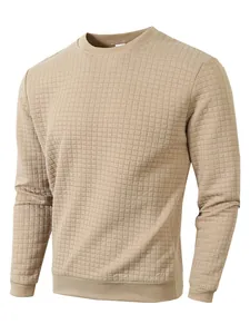 Stylish men's slim fit round neck long sleeve sweatshirt with waffle grid texture in khaki