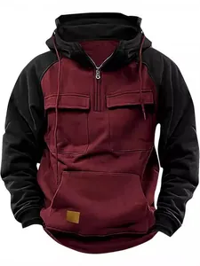 Men's burgundy and black color-block half-zip hoodie with multiple functional pockets