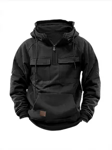 Felpa con cappuccio tattica uomo con tasche sul petto e mezza zip in colore nero