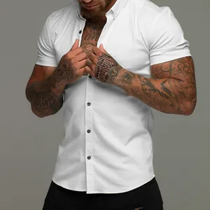 Detailed view of a white muscle fit short sleeve shirt for men with stretch fabric and collar
