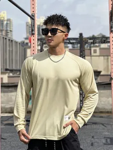 Men's loose fit long-sleeve mesh athletic T-shirt in beige for fitness training