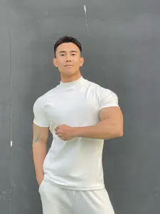 Men's Fitness Sport T-Shirt Polyester Short Sleeve Top Slim Fit Mock Neck Muscle Shirt Printed Casual Gym Workout Clothing
