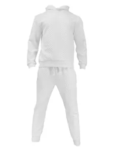 Vista dettagliata del tessuto jacquard bianco di questa tuta con cappuccio da uomo completa.