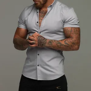 Detailed view of grey men's muscle fit stretch short sleeve shirt in athletic slim fit