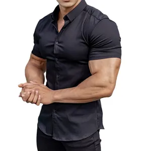 Men's black slim fit short sleeve stretch shirt for fitness and business casual style
