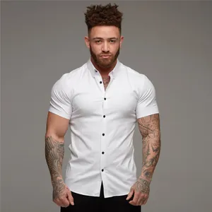Slim fit muscle cut short sleeve white shirt for athletic men sports leisure style