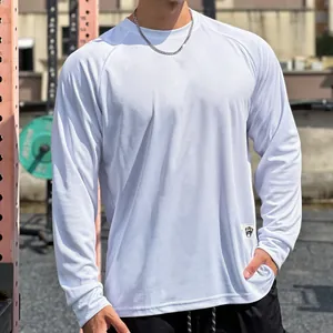Detail view of breathable white mesh long-sleeve athletic t-shirt for men's fitness