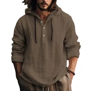 Camicia casual da uomo con cappuccio in cotone e lino kaki con maniche lunghe e scollo henley